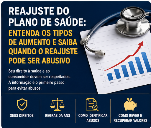Imagem ilustrativa sobre reajuste de plano de saúde, com gráfico de aumento, estetoscópio e chamada para entender tipos de reajuste e possíveis abusos.