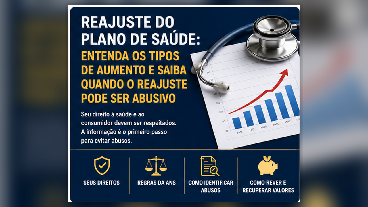 Imagem ilustrativa sobre reajuste de plano de saúde, com gráfico de aumento, estetoscópio e chamada para entender tipos de reajuste e possíveis abusos.