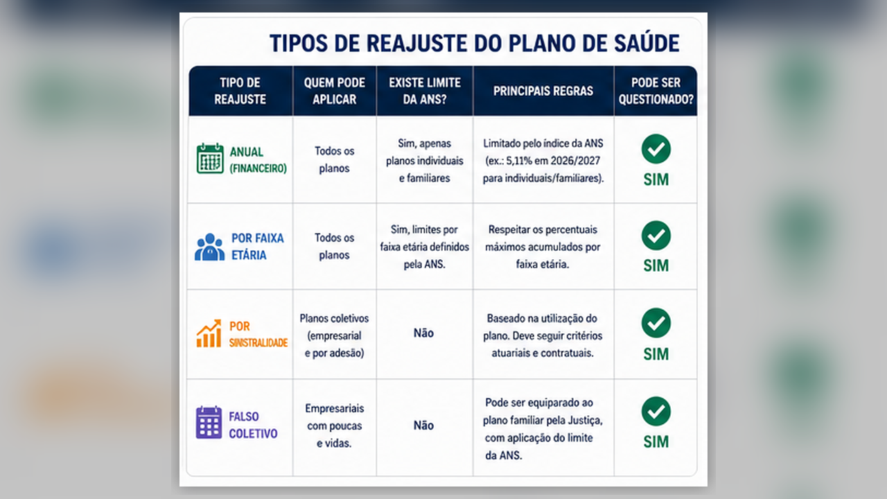 Tabela comparativa com os tipos de reajuste do plano de saúde, incluindo reajuste anual, faixa etária, sinistralidade e falso coletivo.