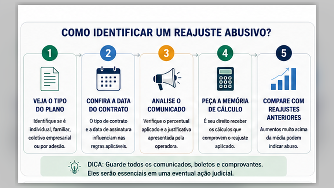Infográfico com passo a passo para identificar reajuste abusivo no plano de saúde, incluindo verificar tipo do plano, contrato, comunicado, memória de cálculo e reajustes anteriores.