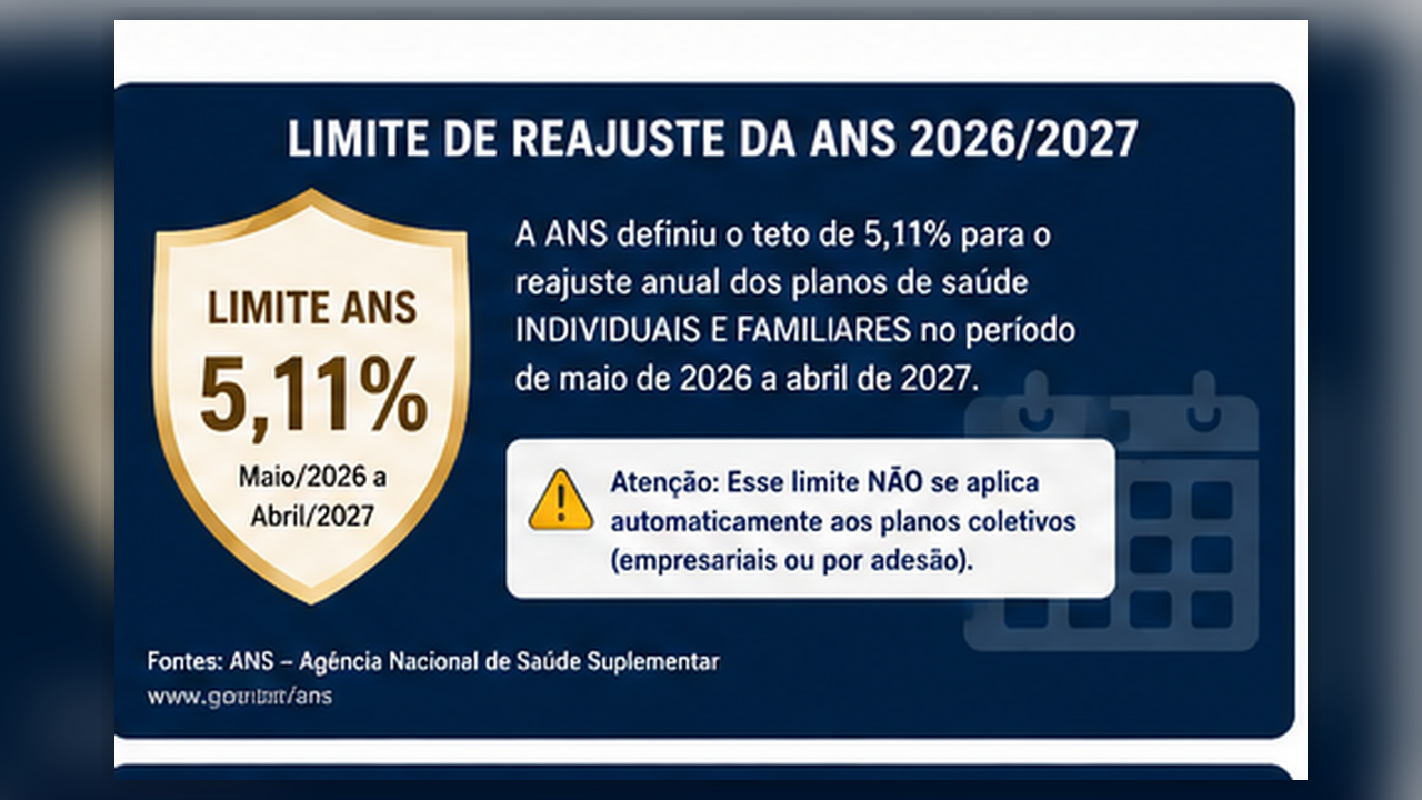 Infográfico sobre o limite de reajuste da ANS para planos de saúde individuais e familiares no ciclo 2026/2027, com destaque para o percentual de 5,11%.