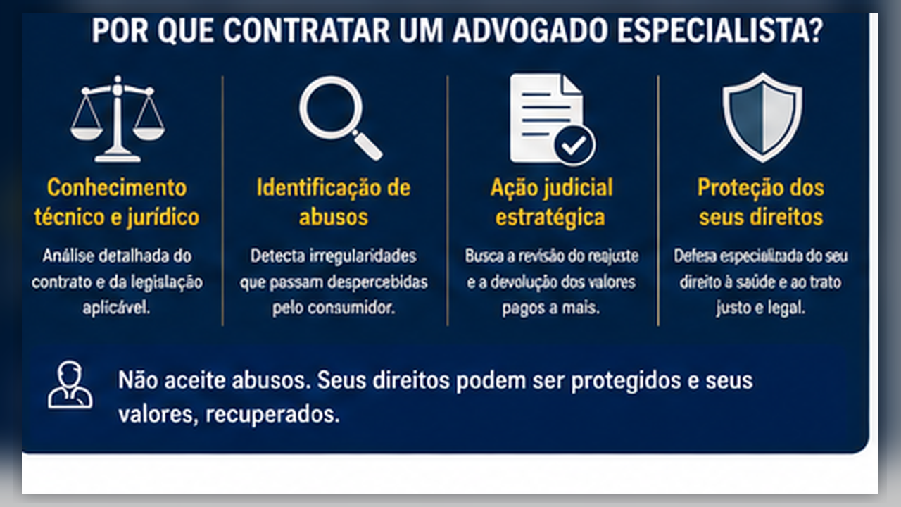 Infográfico explicando a importância de advogado especialista em reajuste de plano de saúde, com destaque para análise contratual, identificação de abusos, ação judicial estratégica e proteção dos direitos do consumidor.