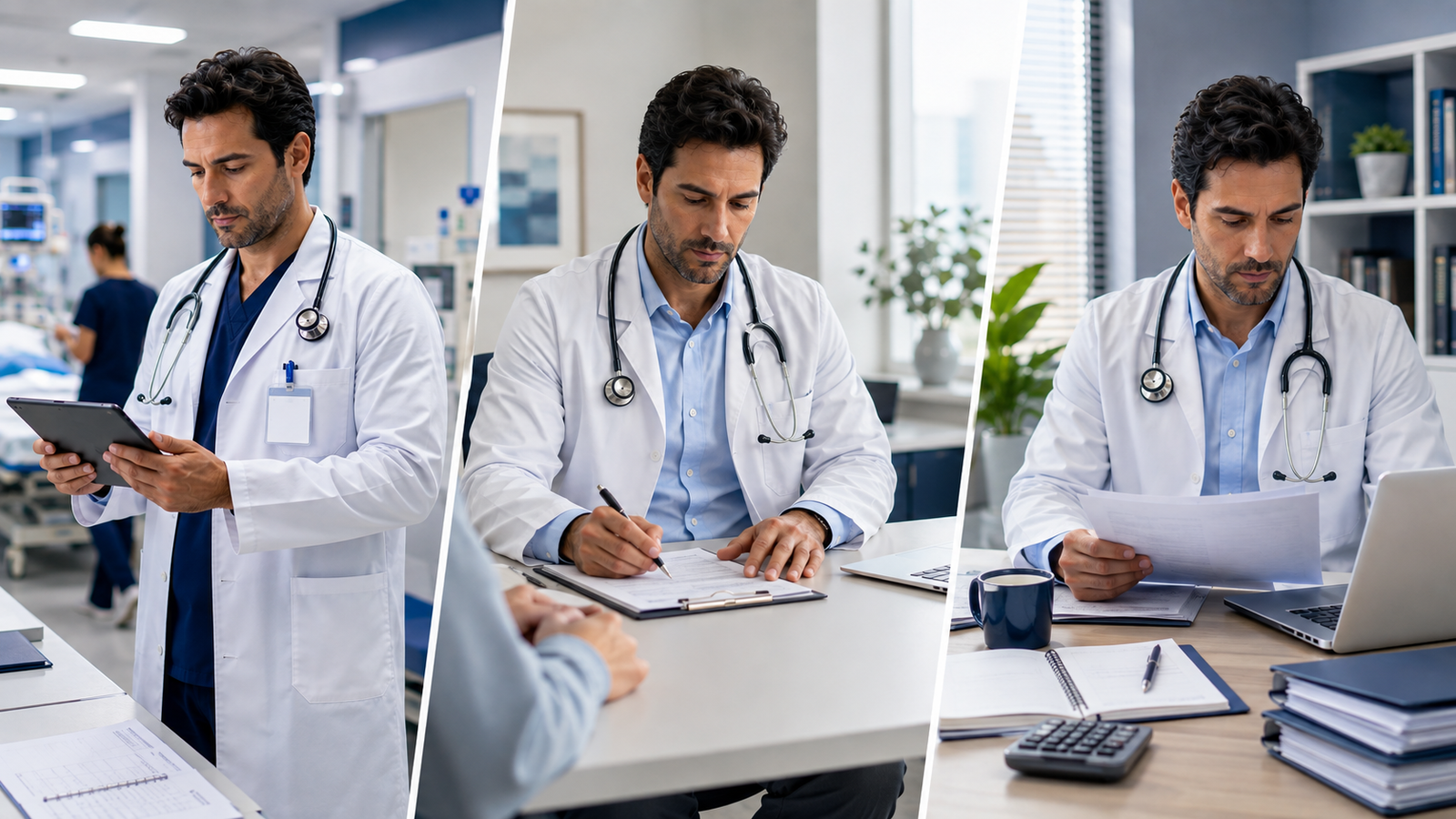 Médico trabalhando em hospital, clínica e consultório, representando múltiplos vínculos profissionais no mesmo período.