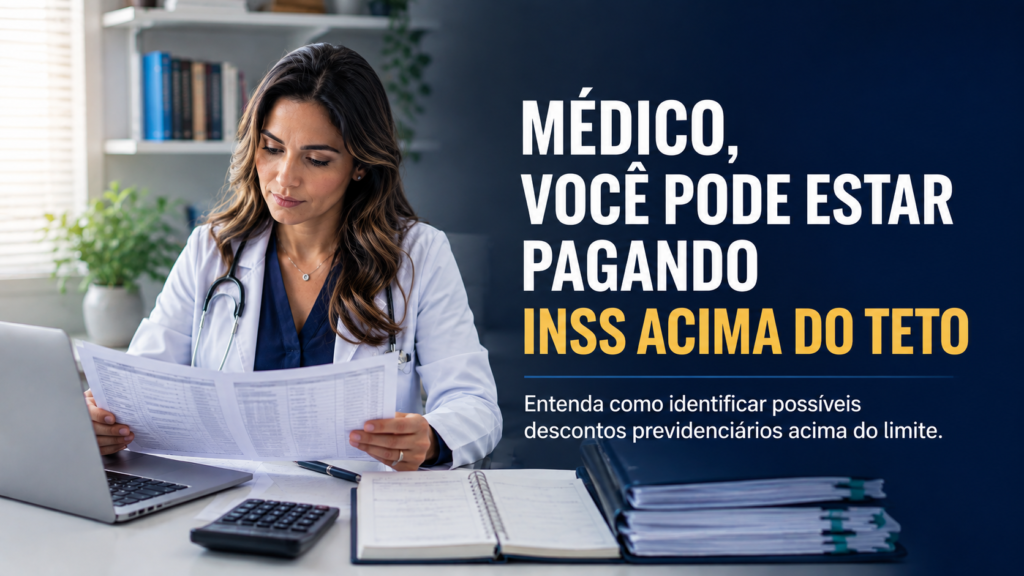 Médica analisando contracheques e documentos previdenciários ao lado da chamada sobre possível pagamento de INSS acima do teto.